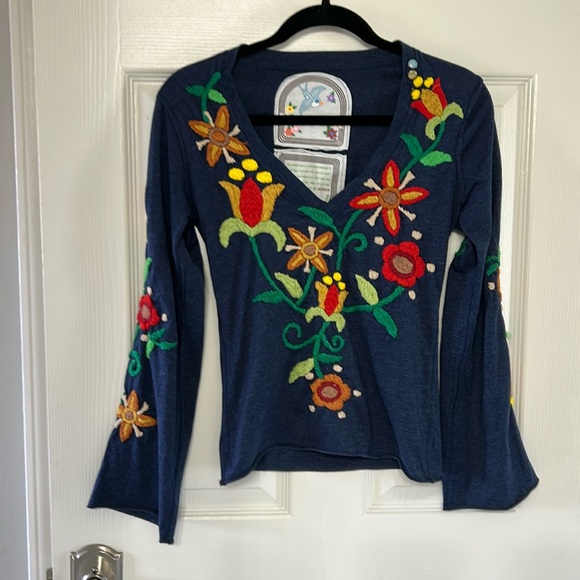 Johnny Was Tops - Johnny Was Navy Blue Embroidered Long Sleeve Tee